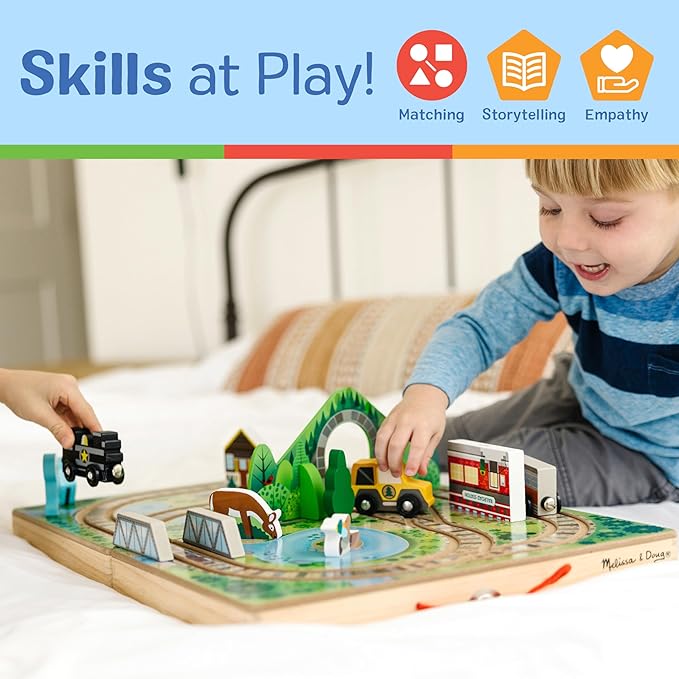 Melissa & Doug 17-Piece Wooden Take-Along Tabletop Railroad, 3 Trains, Truck, Play Pieces, Bridge - FSC Certified
