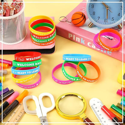 JUNEBRUSHS 42pcs Back to School Party Favors Silicone Bracelets First Day of School Gifts Prize Rubber Wristbands Supplies for School Decorations Accessories Goodie Stuffers Fillers(6 Designs)