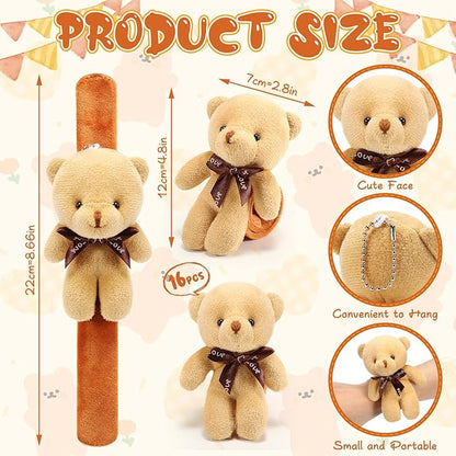 Ceenna 16 Pcs Valentine's Day Bear Stuffed Animal Slap Bracelets Plush Bear Slap Bracelets Adorable Bear Slap Wrist Bracelets Bulk for Birthday Party Favors Goodie Bag Fillers(Bear,Khaki)