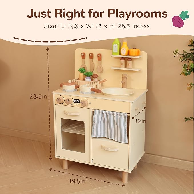 Play Kitchen for Kids, Classic Wooden Kitchen Playset with Food Accessories Set Ideal for Creative Pretend Play, Suitable for Toddlers, Girls & Boys Ages 3+