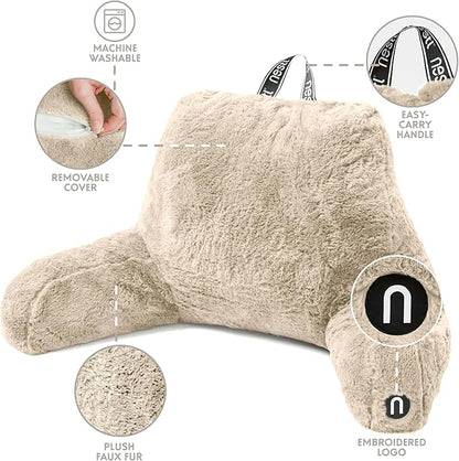 Nestl Fur Reading Pillow, Stylish Back Pillow for Bed Sitting Up, Faux Fur Bed Chair Pillow with Arms, Reading Pillows for Sitting in Bed Adult & Kids, Sit Up Back Support Pillow for Bed Rest - Linen