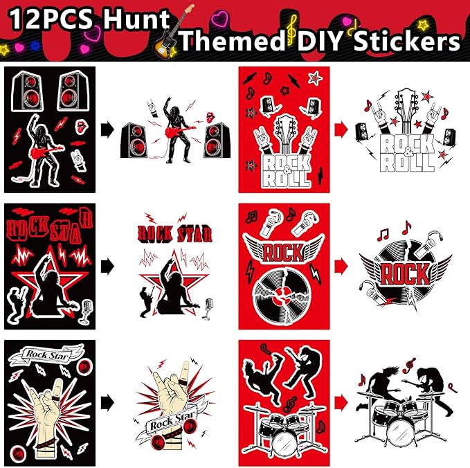 Rock and Roll Party Decorations Favors , Including Gift Bags , Stickers Badge Slap Bracelets Silicone Wristbands DIY Stickers , for Rock Music Theme Party Supplies