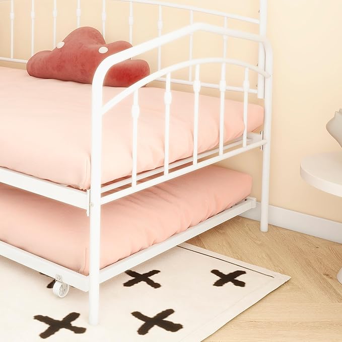 Christopher Knight Home Fox Twin Daybed with Trundle, Metal Sofa Bed Set, Rollaway Daybed Couch Bed Frame for Bedroom Living Room Guest Room, Elegant and Simple Style, Anti-Noise, Easy Assembly, White