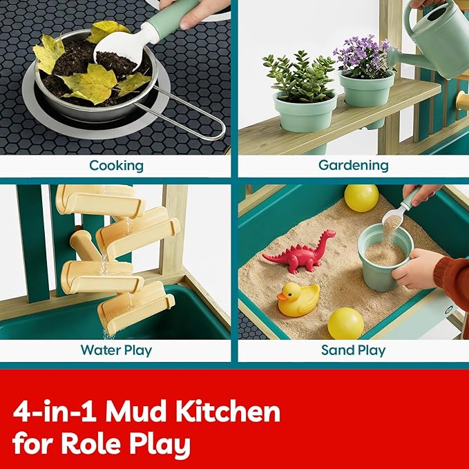 TOP BRIGHT 4 In 1 Mud Kitchen for Kids, Wooden Outdoor Playhouse for Water & Sand Play, Cooking & Gardening Playset with Accessories, Sensory Table Set, Backyard Pretend Play Toy for Boys Girls Ages 3