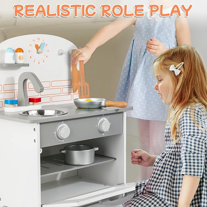 Wooden Toy Kitchen Set for Kids, Toy Kitchen Playset with Removable Sink Faucet & Play Food, Pretend Play Kitchen Toys for Toddlers Age 3+