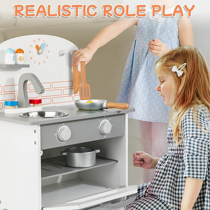 Wooden Toy Kitchen Set for Kids, Toy Kitchen Playset with Removable Sink Faucet & Play Food, Pretend Play Kitchen Toys for Toddlers Age 3+