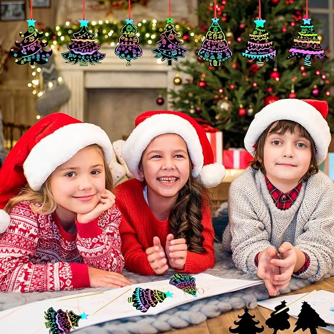 FEBSNOW 48 PCS Christmas Crafts for Kids, Magic Rainbow Christmas Scratch Art Paper Cards Christmas Tree Hanging Ornaments Christmas Gifts for Party Favors Games