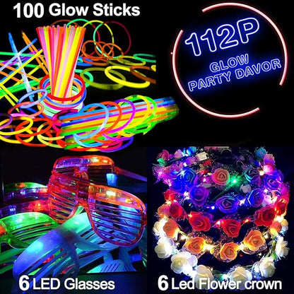 112 Pcs New Years Eve Glow in The Dark Party Supplies 2025, Glow Sticks Bulk LED Neon Party Favor Light Up Toys Gifts Kids Adult 100 Glow Sticks Necklaces Bracelets/6 Light Up Glasses/6 Led Headbands