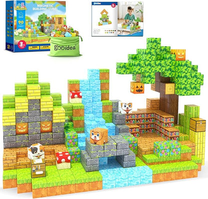 Gooidea Large Magnetic Blocks 1" Building Cubes Toys for Kids Ages 4-6 5-7 8-12, Magworld Bamboo House Building Craft Construction Toy Set, Creative Sensory Toys Game Gift for 3+ Year Old Boys Girls