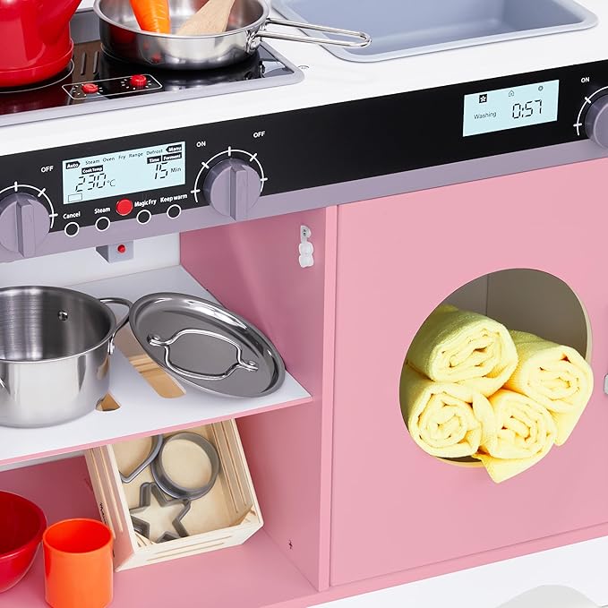 Lil’ Jumbl Kids Pink Kitchen Set, Pretend Wooden Play Kitchen, Battery Operated Icemaker, Microwave, Range Hood, Stove Top, Oven, with Realistic Sound & Lights, Pots, Pan, & Utensils Included