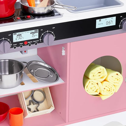 Lil’ Jumbl Kids Pink Kitchen Set, Pretend Wooden Play Kitchen, Battery Operated Icemaker, Microwave, Range Hood, Stove Top, Oven, with Realistic Sound & Lights, Pots, Pan, & Utensils Included