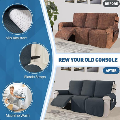 Easehomey Waterproof Recliner Sofa Cover Non-Slip couch cover recliner sofa 3 section with Elastic Straps Two Pockets, Washable Couch Covers Furniture Protector for Kids,Dogs (Dark Grey,Recliner Sofa)