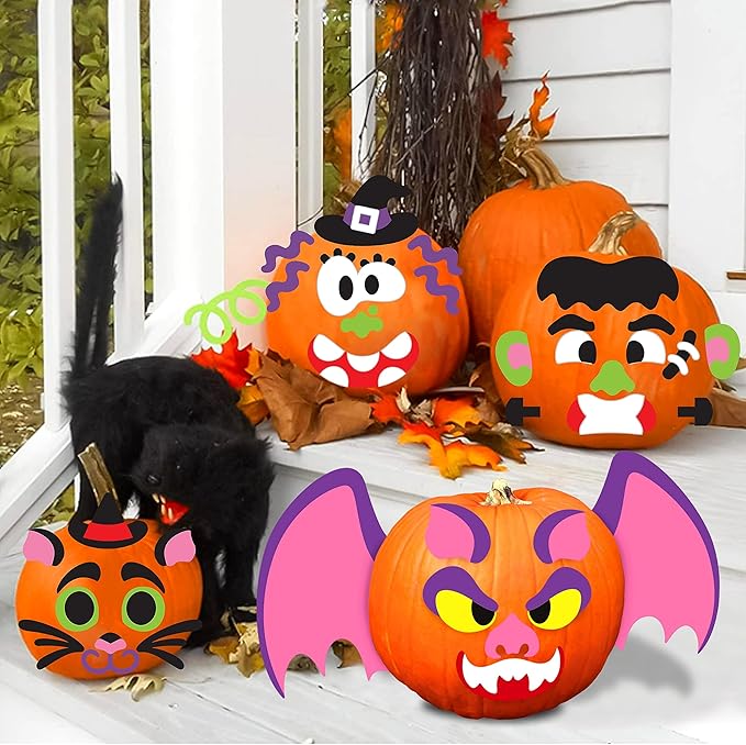 JOYIN 18 Packs Halloween Craft Foam Stickers, Arts Activities Party Supplies, Kids Party Favors, Pumpkin Decorating Kit, Jack O Lantern Face Sticker in 6 Funny Designs, Pumpkin Decor School Party Game