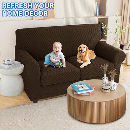 MAXIJIN 3 Piece Jacquard Couch Covers for 2 Cushion Couch Stretch Non Slip Love Seat Couch Cover for Dogs Pet Friendly Elastic Furniture Protector Loveseat Slipcovers (Loveseat, Dark Coffee)