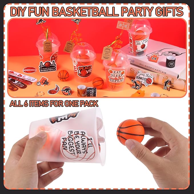 LiYiQ 158 Pcs Basketball Party Favors Basketball Party Supplies with Cup Straw Stress Ball Keychain Sticker Slaps Bracelets Whistle Thank You Tags for Basketball Birthday Decorations (Basketball)