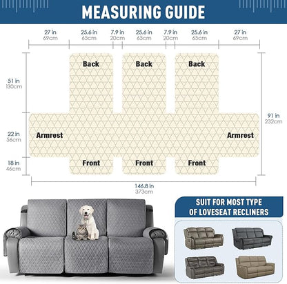 TAOCOCO 100% Waterproof Recliner Sofa Cover-Non Slip Split Couch Covers for Reclining Couches with Elastic Straps,Couch Covers for 3 Cushion Couch Sofa Pet Friendly(Light Gray, 3 Seater)