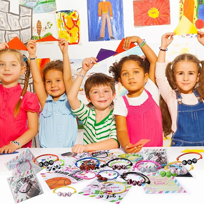 Valentines Day Cards for Kids School 28 Packs Valentines Day Gifts for Kids with Adjustable Sports Balls Bracelets Fit Kids Size Valentine School Classroom Prizes Gift Exchange Party Favors