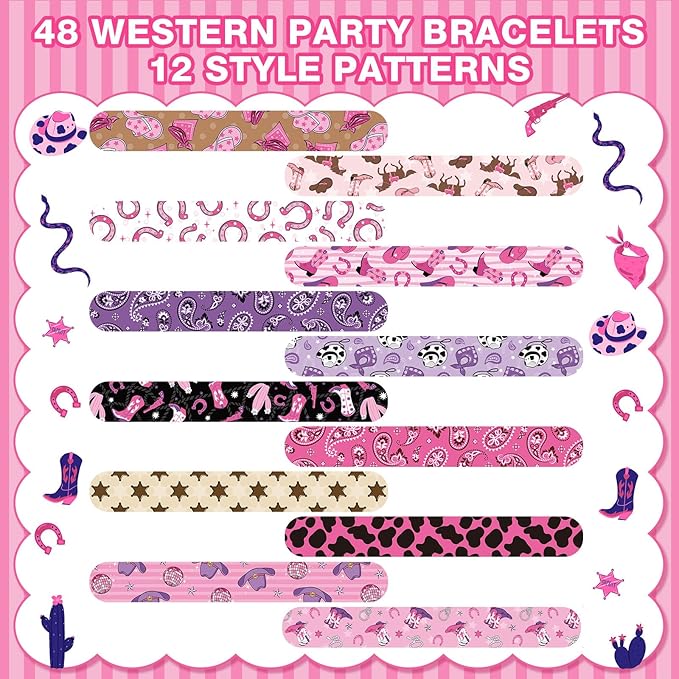 Junkin 48 Pcs Horse Party Favors Kids Western Party Slap Bracelets Disco Pink Cowgirl Cowboy Gifts Wristbands for Western Theme Birthday Party Supplies Stuffers Last Rodeo Bachelorette Prizes