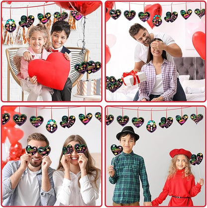 FEBSNOW Valentines Crafts for Kids, 48 PCS Heart Rainbow Magic Scratch Art Valentines Day Cards for Kids Classroom Scratch Paper Art for Valentines Day Gifts Party Favors witn Heart Stickers