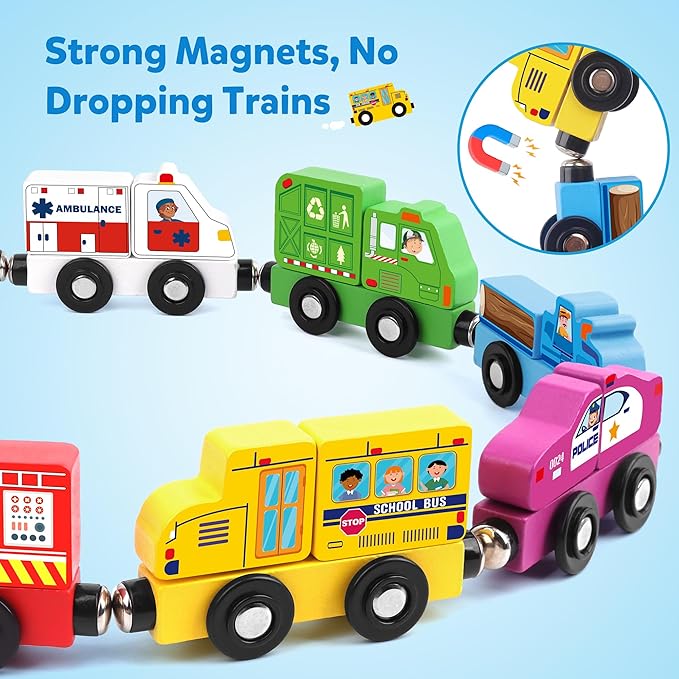 Helsort Wooden Magnetic Trains Cars - 8 Piece Educational and Skill-Building Wooden Toy for Boys and Girls Toys Train, Montessori Fine Motor Skills for Toddlers and Kids Ages 3+