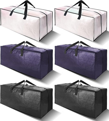 6 Pack Heavy Duty Extra Large Moving Bags W/Backpack Straps - Strong Handles & Zippers, Storage Totes For Space Saving, Fold Flat, Alternative to Box and Bin (40 gal, Semi-Transparent+Blue+Black)