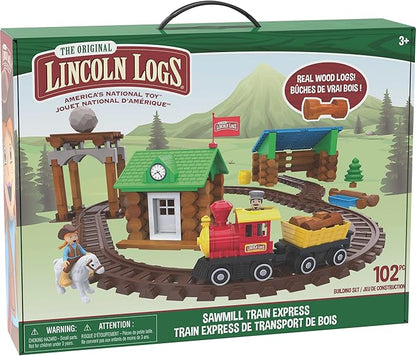 LINCOLN LOGS-Sawmill Express Train - 101 Parts - Real Wood Logs - Buildable Train Track-Ages 3+ - Best Retro Building Gift Set for Boys/Girls-Creative Construction Engineering-Preschool Education Toy