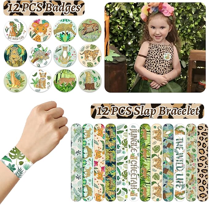 Cheetah Party Favors Cheetah Theme Slap Bracelets Key Chains Badge Temporary Tattoos Gift Bags for Kids Jungle Leopard Cheetah Birthday Party Baby Shower Safari Party Supplies