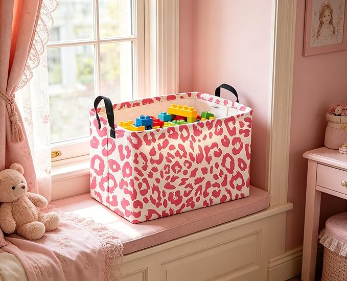 Sanjiaofeng Rectangular Kids Baskets,Leopard Print Basket,Pink Storage Basket with Handles,Waterproof Collapsible Storage Bin for Kids,Kid Room Decor,Books Box,Gift Basket(Leopard Print)