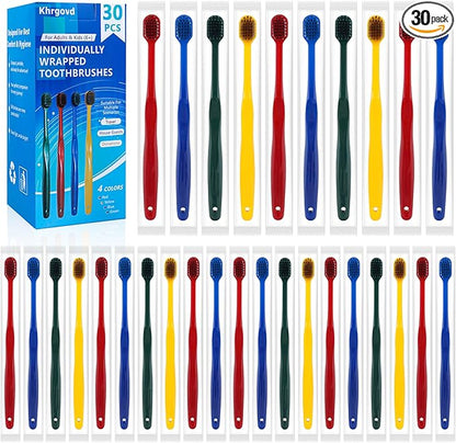 30pcs Individually Wrapped Bulk Toothbrushes, Colorful Manual Disposable Travel Toothbrush Set for Adult, Kid, Medium Soft Bristles, for Travel, Hotels (4 Colors)
