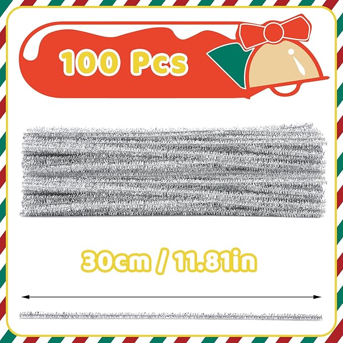 Hssugi Silver Pipe Cleaners, 100PCS Pipe Cleaners Craft Supplies, Glitter Golden Pipe Cleaners Bulk Fuzzy Sticks for DIY Art and Craft Projects Home Decoration