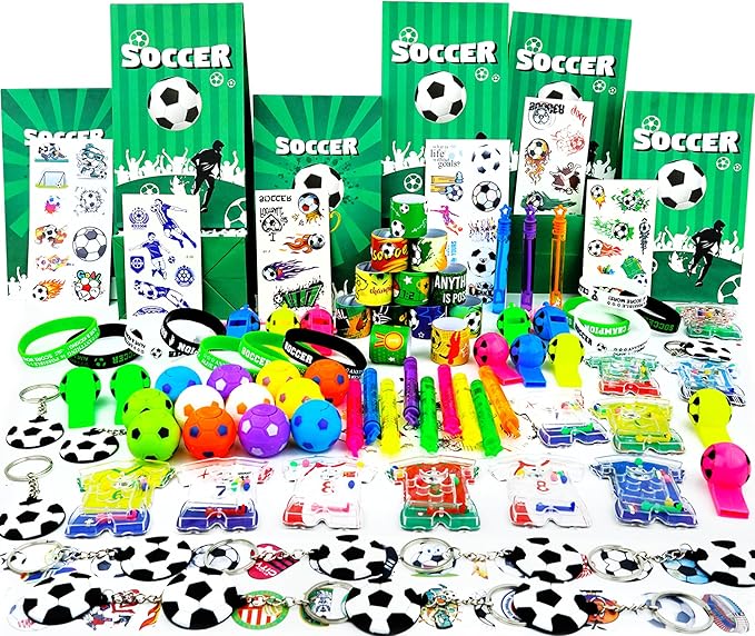 158Pcs Soccer Party Favors for Kids, Soccer Goodie Bag Stuffers Includ Rotatable Finger Stress Toys Whistles Bubble Wands Keychain Sticker for Birthday School Classroom Gifts Reward Prize