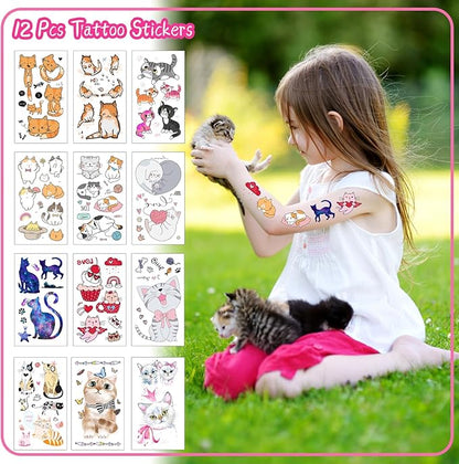 128 Pcs Cat Party Favors Set Includes Mini Spiral Notepads Cat Paw Pens Stickers Keychains Tattoo Stickers Slap Bracelets Cat Face Stickers for Girl Party Favors Cat Theme Party Birthday Supplies