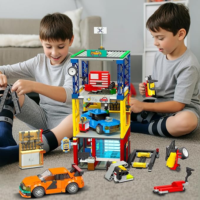 HOGOKIDS City Car Garage Building Set, 1022 PCS 3 IN 1 Auto Repair Shop, Gas Station, Car Wash Building Block with 2 Custom Cars Pretend Play Mechanic Toy Birthday Gift for 8-14+ Boys Teens Girls Kids