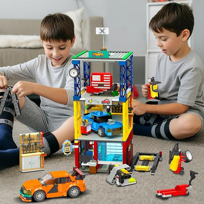 HOGOKIDS City Car Garage Building Set, 1022 PCS 3 IN 1 Auto Repair Shop, Gas Station, Car Wash Building Block with 2 Custom Cars Pretend Play Mechanic Toy Birthday Gift for 8-14+ Boys Teens Girls Kids