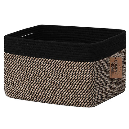 COMFY-HOMI Cotton Rope Woven Basket with Handles for Shelves,Toys,Book, Cloth Storage Baskets Bin for Organizing-13.5"x11"x9.5" Toy Decorative Organizer for Living Room, Bathroom-Black/Jute