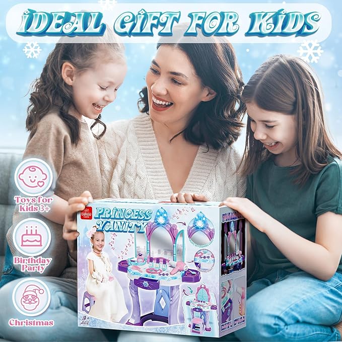 Lehoo Castle Kids Vanity Table and Chair Set, Girls Makeup Table with Mirror Stool Lights Music, Toddler Pretend Play Vanity Set for Princess Dress Up, Girl Toys Gifts for Age 3 4 5 Years Old