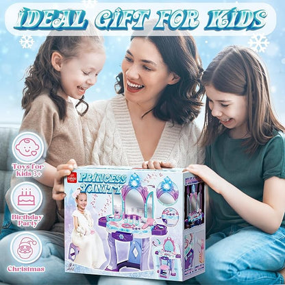 Lehoo Castle Kids Vanity Table and Chair Set, Girls Makeup Table with Mirror Stool Lights Music, Toddler Pretend Play Vanity Set for Princess Dress Up, Girl Toys Gifts for Age 3 4 5 Years Old