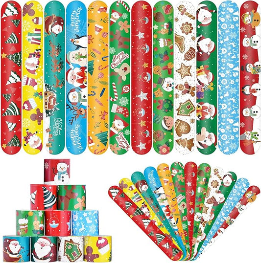 48 Pieces Christmas Slap Bracelets Bulk - 12 Assorted Designs Holiday Snap Bands, Santa Claus, Snowman, Reindeer Themed Party Favors for Kids Adults, Xmas Stocking Stuffers, Classroom Prizes
