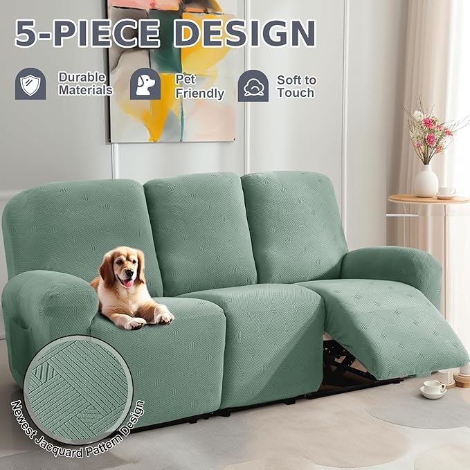 JIVINER Recliner Couch Cover, Jacquard 5 Piece Stretch Sofa Covers for 3 Cushion Reclining Lazy Boy Soft Washable Sofa Slipcovers Protector with Pockets (Recliner Sofa, Pea Green)