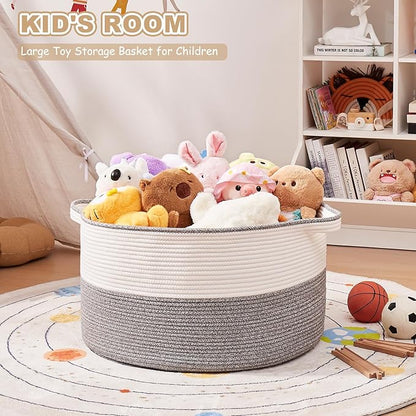 OIASKET Large Blanket Basket with Handles, 22.8" x 22.8" x 13" Woven Storage Basket for Living Room, Cotton Rope Baby Toy Storage for Clothes, Pillows, Towels-Grey and White