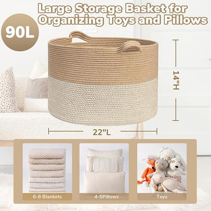 Goodpick Large Woven Storage Basket 21.7x13.8 Inch, White & Jute Laundry Hamper with Handles for Clothes, Blankets, Pillows, Blanket Basket for Living Room, Bedroom