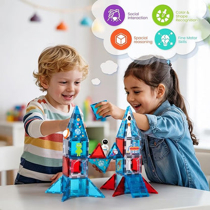 cossy Magnetic Tiles Space Set, Magnet Tiles with Astronaut, Magnetic Tiles for Kids Ages 4-8, STEM Toys, Toys for 3 4 5 6 7 8 Year Old Boy and Girl, Creative Building Toys, Space
