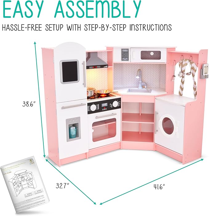 Lil' Jumbl Kids Corner Kitchen Set, Pretend Wooden Deluxe Play Kitchen, Battery Operated Icemaker, Stovetop & Faucet with Realistic Sound - Pink