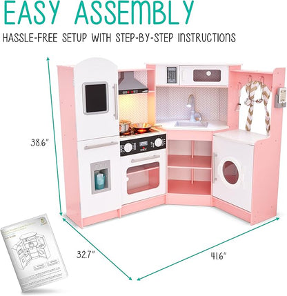 Lil' Jumbl Kids Corner Kitchen Set, Pretend Wooden Deluxe Play Kitchen, Battery Operated Icemaker, Stovetop & Faucet with Realistic Sound - Pink