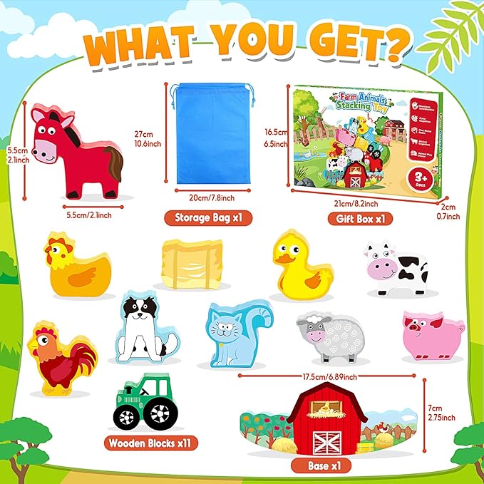Montessori Toys for Kids 3-7 Wooden Farm Animal Blocks Stacking Games Toy for 3 4 5 6 Year Old Girls Boys Birthday Gifts Toddler Educational Toys Balance Game for Boy Girl Age 2-4