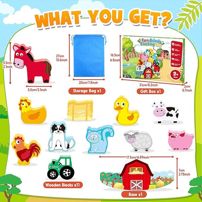 Montessori Toys for Kids 3-7 Wooden Farm Animal Blocks Stacking Games Toy for 3 4 5 6 Year Old Girls Boys Birthday Gifts Toddler Educational Toys Balance Game for Boy Girl Age 2-4