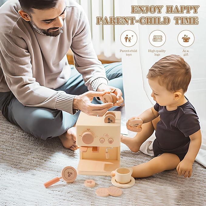 ibwaae Kids Coffee Maker 10Pcs Toy Coffee Maker Playset Wooden Kitchen Set Toys Toddler Play Kitchen Accessories, Pretend Play Food Sets for Girls and Boys