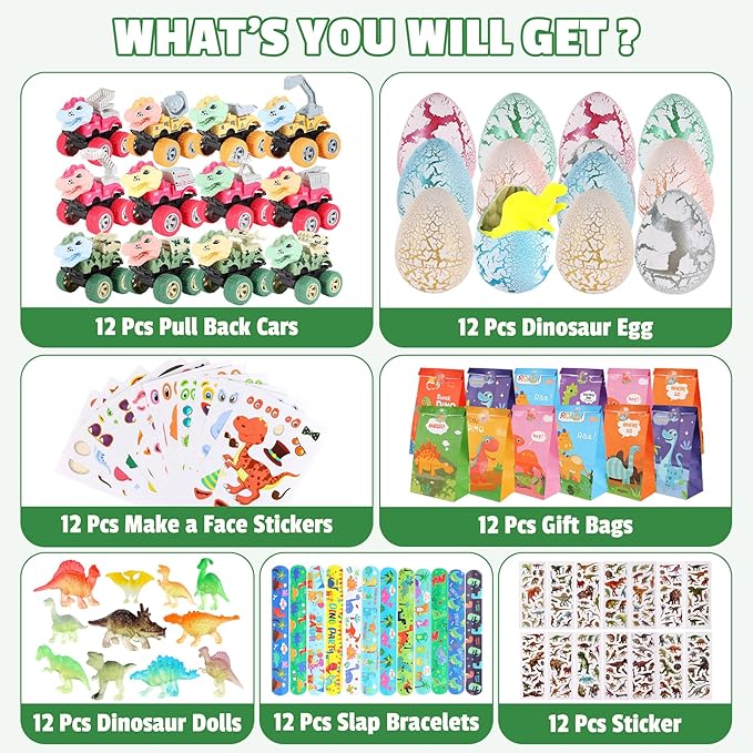 LiYiQ 84 Pcs Dinosaur Party Favors included Mini Hatching Dinosaur Eggs Mini Dinosaur Pull Back Cars Slap Bracelets Make Your Own Dinosaur Stickers and Gifts Bags for Dinosaur Birthday Party Supplies