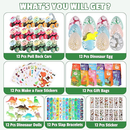 LiYiQ 84 Pcs Dinosaur Party Favors included Mini Hatching Dinosaur Eggs Mini Dinosaur Pull Back Cars Slap Bracelets Make Your Own Dinosaur Stickers and Gifts Bags for Dinosaur Birthday Party Supplies