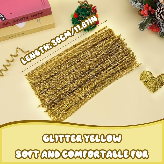Hssugi 100pcs Pipe Cleaners, Glitter Yellow Pipe Cleaners Craft Supplies,Chenille Stems for DIY Arts Crafts Project(Glitter Yellow)